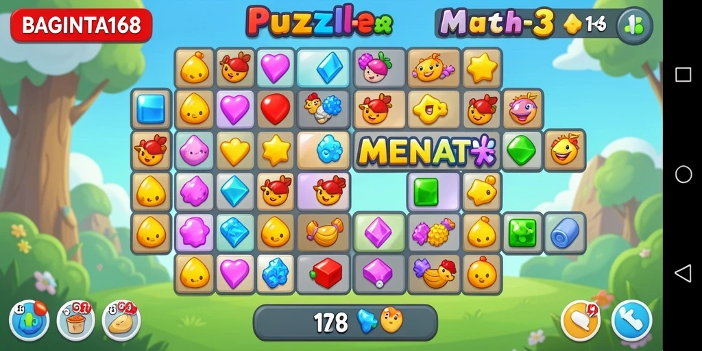 Tampilan antarmuka game Puzzle Match-3 yang menawan dan penuh warna.